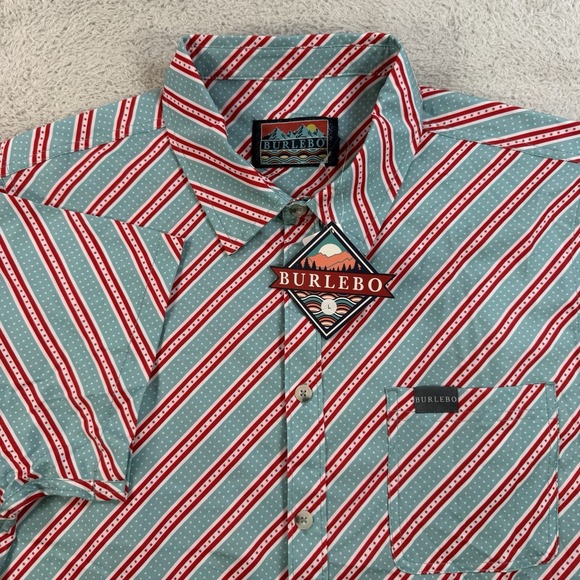Burlebo Shirt Mens Large Teal Red Performance Short Sleeve Button Up Striped - Picture 1 of 8